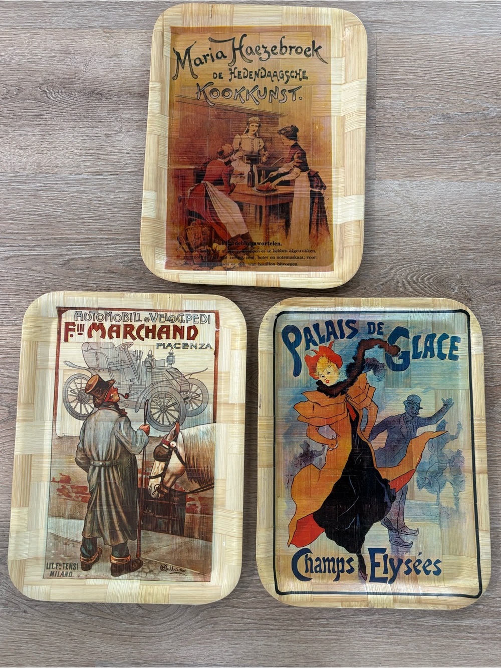 Vintage Set of 3 Bamboo Serving Trays 12x16 European Advertising Retro Art